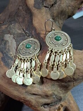 Gold-Tone Bohemian Dangle Earrings with Green Stone
